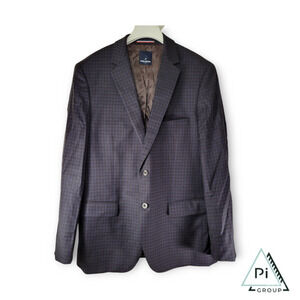 Daniel Hechter Paris 42L Wool Polyester Viscose Navy Blue Plaid Two-Button Front